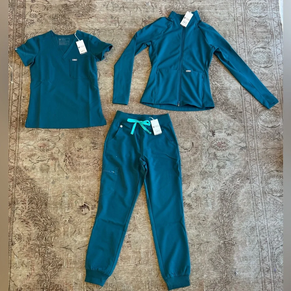 2-pcs! NWT Caribbean Blue XS FIGS Scrub Jumpsuit + long sleeve underscrub - Picture 9 of 10